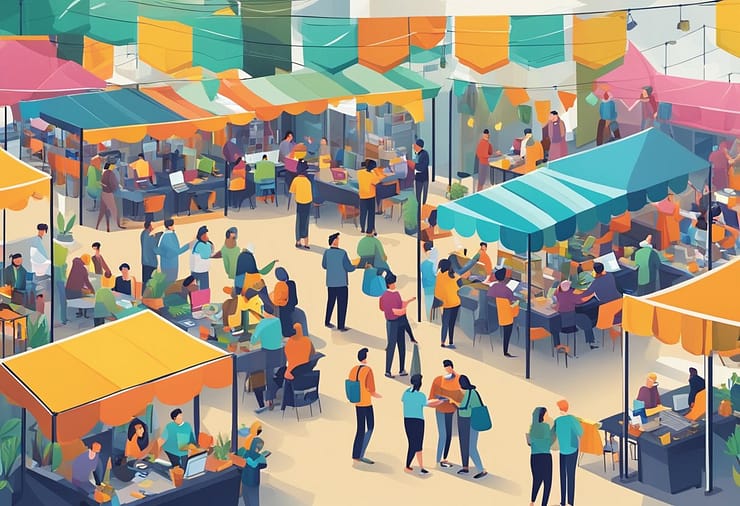 A bustling marketplace with freelancers networking and collaborating on projects. Brightly colored banners and signs advertise various services, while individuals engage in lively discussions and negotiations. The atmosphere is energetic and dynamic, with a sense of creativity and opportunity in the air