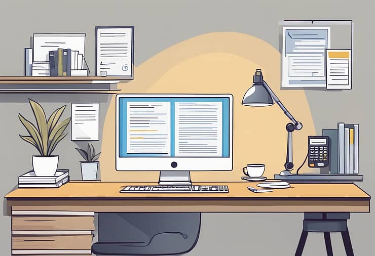 A freelancer's workspace with a computer, notepad, and coffee mug. A stack of successful project contracts and positive client reviews displayed on the wall