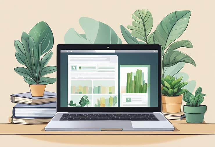 A laptop open on a desk, with a Fiverr website on the screen. A stack of books and a plant sit next to the laptop, creating a cozy workspace