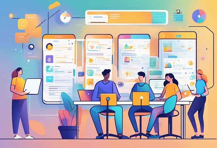 A bustling digital marketplace with diverse freelancers collaborating on projects. Bright, modern interface with clear categories and user-friendly navigation. Dynamic communication and feedback tools for seamless collaboration
