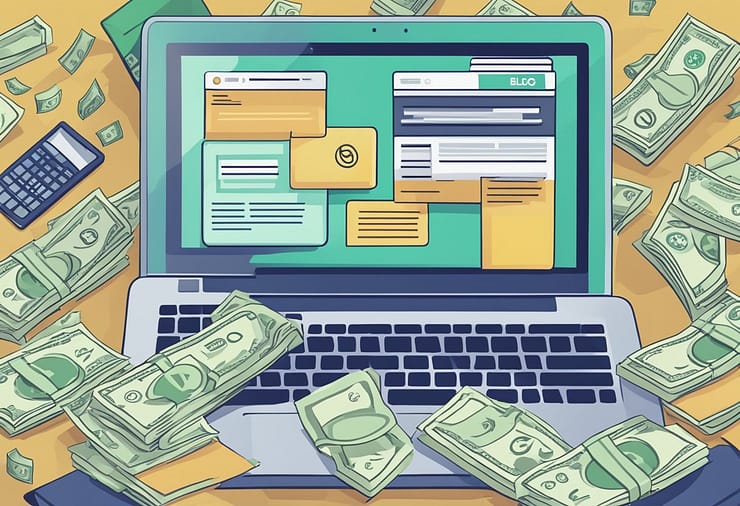 A laptop with a blog open, displaying various freelance job opportunities. Money symbols and dollar bills scattered around the screen